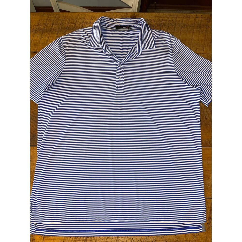 Mens RLX‎ Ralph Lauren Blue White Striped Golf Athleisure Polo Lightweight XXL